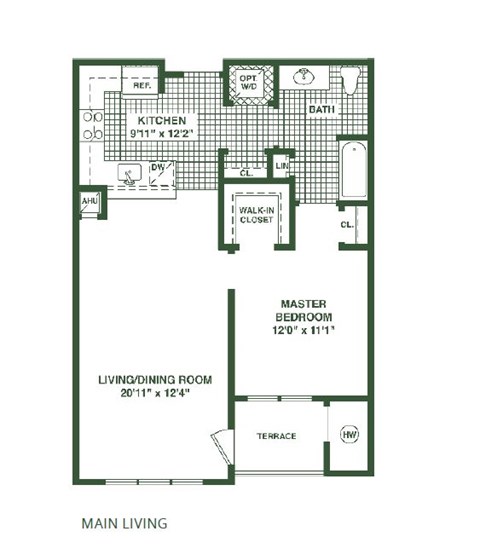 A floor plan of a house with a kitchen, living room, and bathroom.